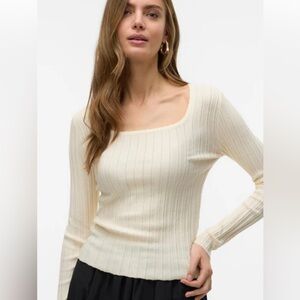 American Eagle Outfitters Cream Ribbed Square Neck Long Sleeve top